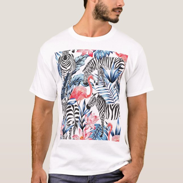 Camiseta Fláir Tropical: Paraíso Flamingo Zebra (Frente)