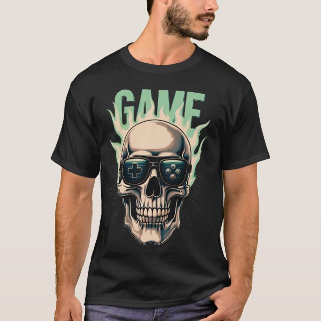 Camiseta Flaming Gamer Skull – Retro Gaming Power Design (Frente)