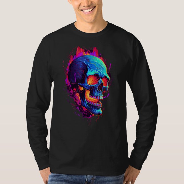 Camiseta Flaming Skull Cool Red Orange & Blue Skeleton Skul (Frente)