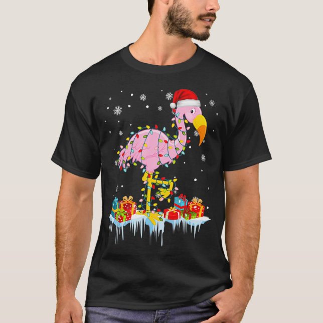 Camiseta Flamingo Árvore de Natal Ilumina XM como Ornamento (Frente)