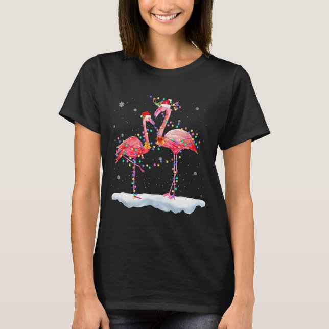 Camiseta Flamingo Árvore de Natal Santa Hat Luz (Frente)