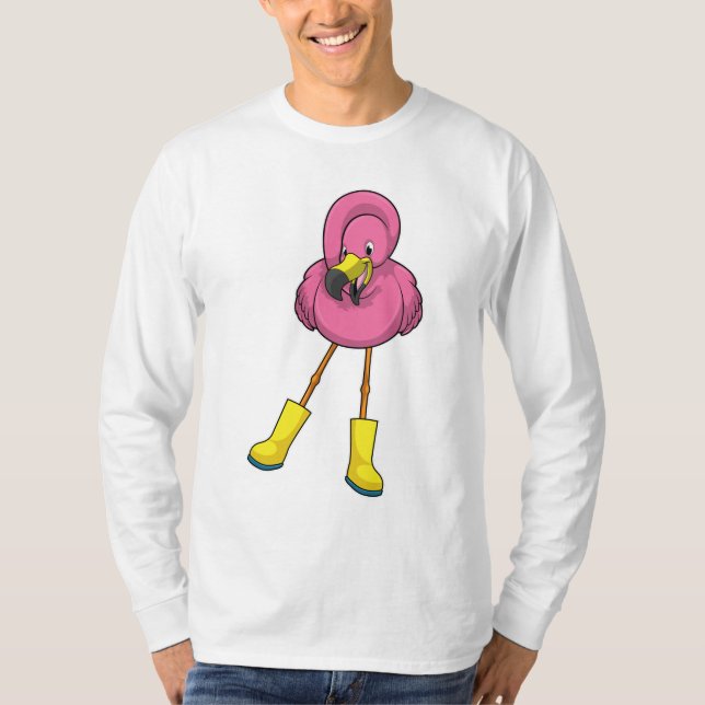 Camiseta Flamingo at Raining with Rubber boots (Frente)