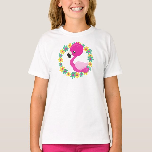 Camiseta Flamingo, Baby Flamingo, Bird, Flores (Frente)