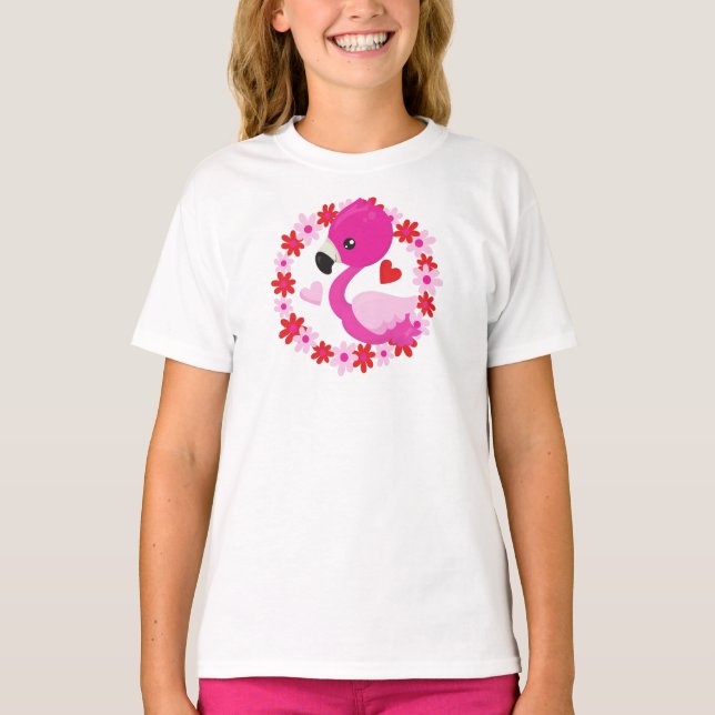 Camiseta Flamingo Bonito, Flamingo Rosa, Pássaro, Flores, C (Frente)