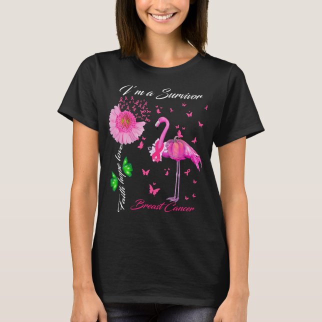 Camiseta flamingo borboleta i_m um cancer de seio sobrevive (Frente)