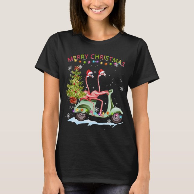 Camiseta Flamingo Christmas Motorcycle Xmas Lights Feliz Ch (Frente)