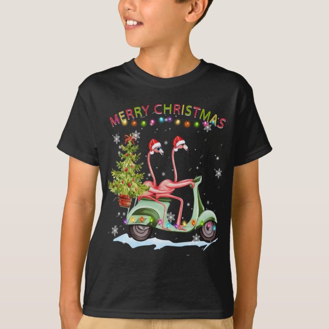Camiseta Flamingo Christmas Motorcycle Xmas Lights Feliz Ch (Frente)