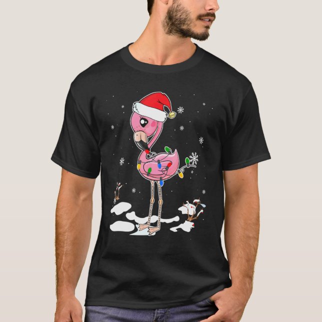 Camiseta Flamingo Christmas Santa Hat Flamingo Lights Xmas (Frente)
