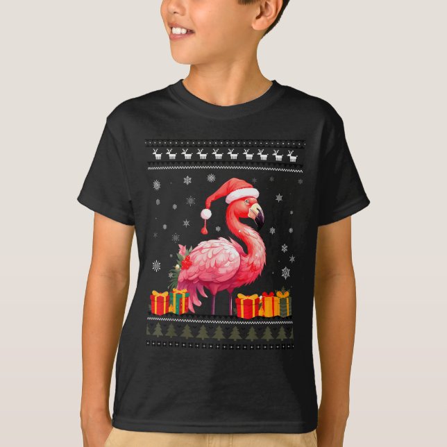 Camiseta Flamingo Christmas Santa Hat Ugly Christmas Sweate (Frente)