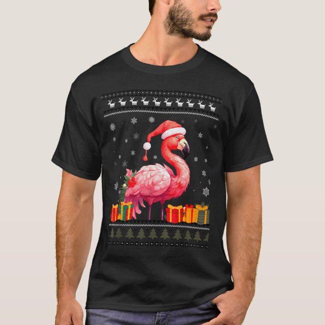 Camiseta Flamingo Christmas Santa Hat Ugly Christmas Sweate (Frente)