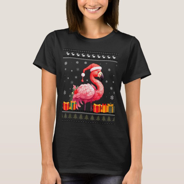 Camiseta Flamingo Christmas Santa Hat Ugly Christmas Sweate (Frente)