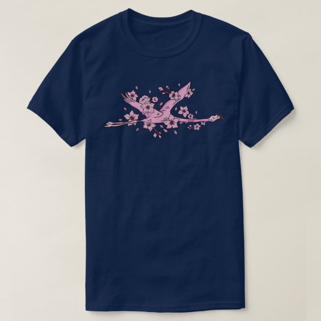 Camiseta Flamingo com flamingo rosa e flor de cereja e (Frente do Design)