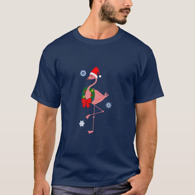 Camiseta Flamingo com papai noel chapéu e grinalda do Natal (Frente)