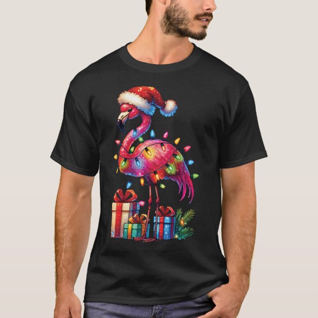 Camiseta Flamingo Com Santa Hat Natal Tropical Xmas (Frente)