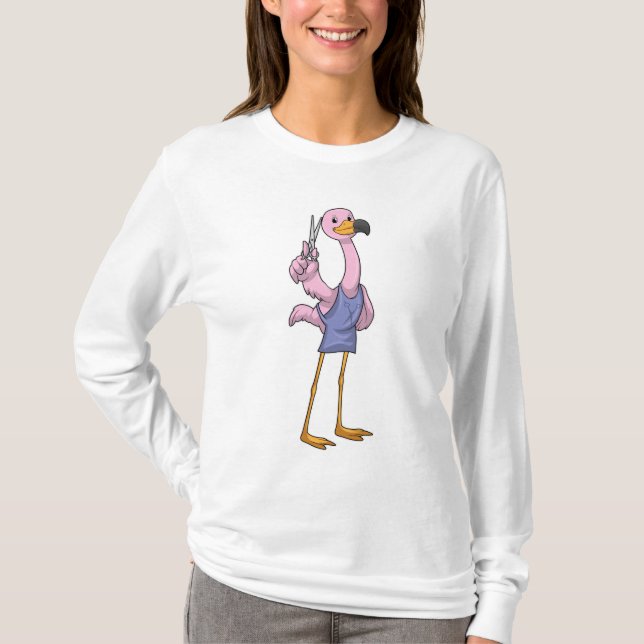 Camiseta Flamingo como Cabelo estilista com Tesoura (Frente)