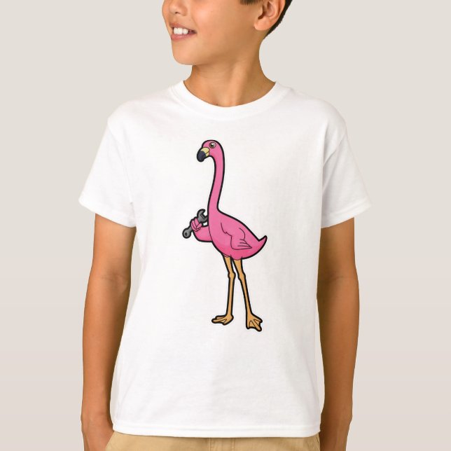 Camiseta Flamingo como mecânico com chave inglesa (Frente)