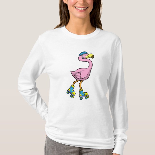 Camiseta Flamingo como Skater com Skates e Capacetes (Frente)