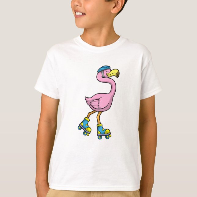 Camiseta Flamingo como Skater com skates e Capacetes Inline (Frente)