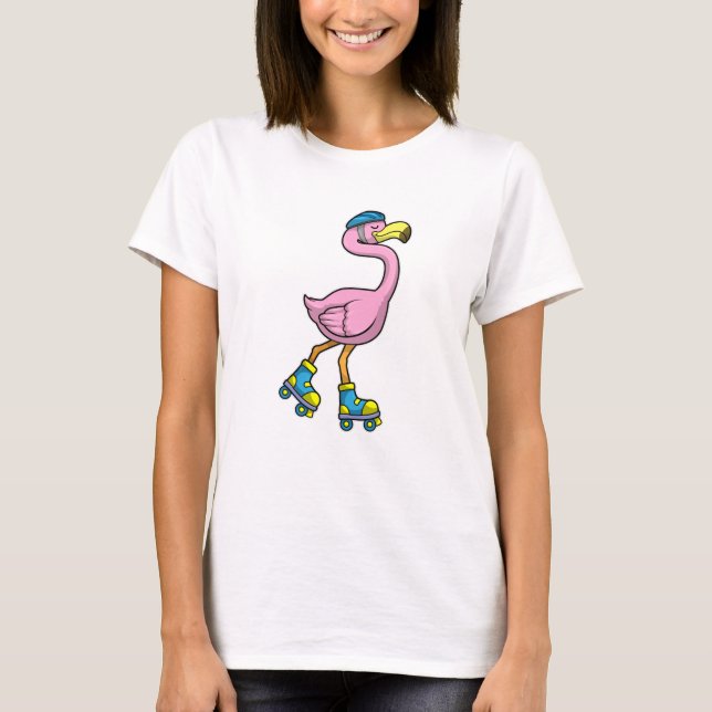 Camiseta Flamingo como Skater com skates e Capacetes Inline (Frente)