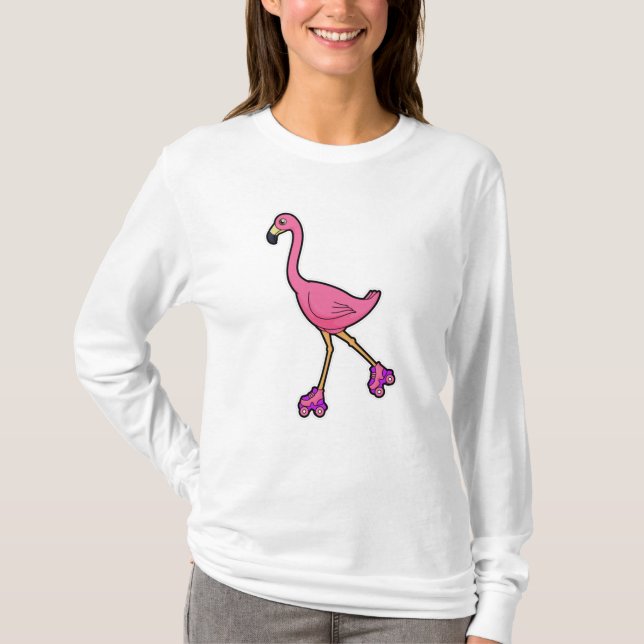 Camiseta Flamingo como Skater com skates Roller (Frente)