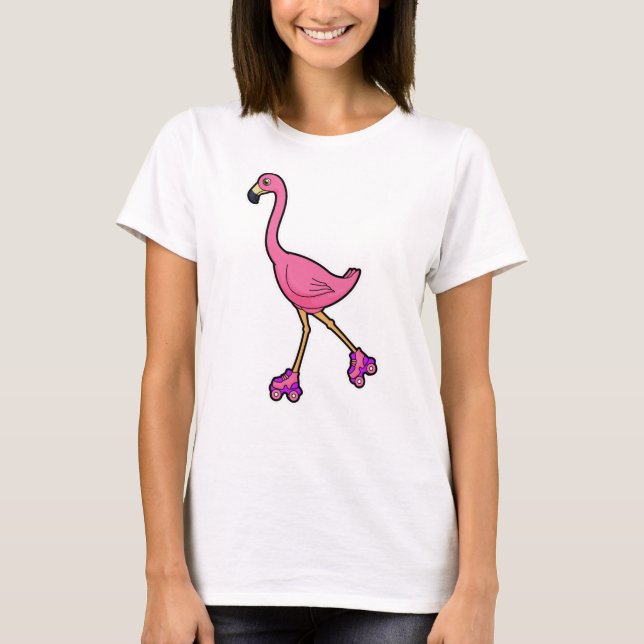 Camiseta Flamingo como Skater com skates Roller (Frente)