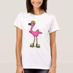 Camiseta Flamingo como Skater com skates Roller e Capacetes