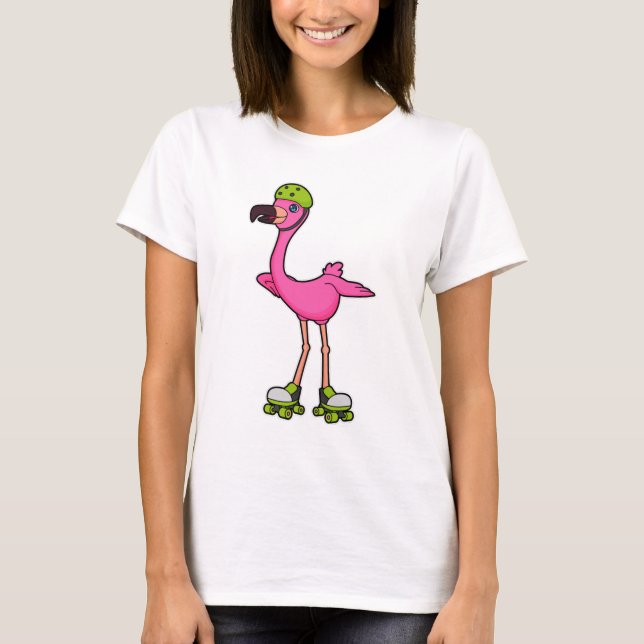 Camiseta Flamingo como Skater com skates Roller e Capacetes (Frente)
