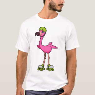 Camiseta Flamingo como Skater com skates Roller e Capacetes