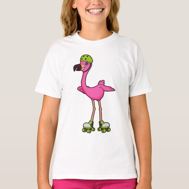 Camiseta Flamingo como Skater com skates Roller e Capacetes (Frente)