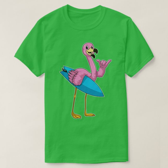Camiseta Flamingo como surfista com surfboard (Frente do Design)