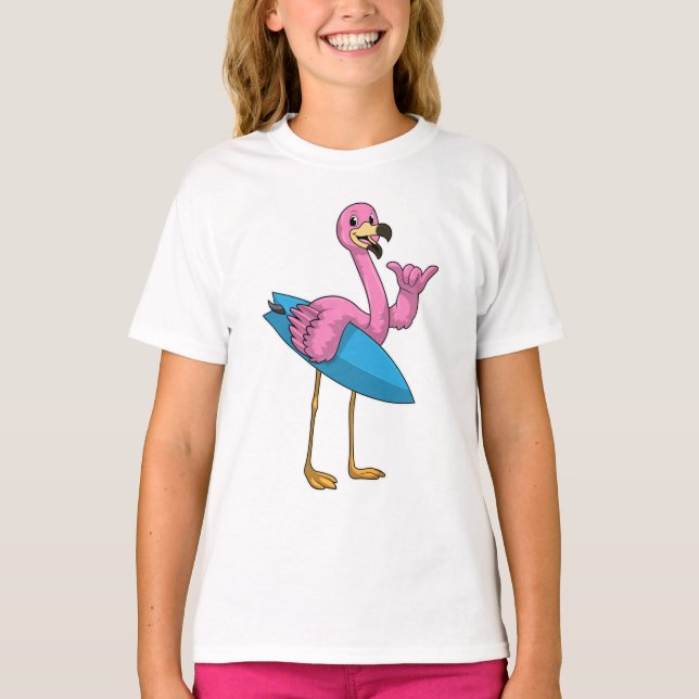 Camiseta Flamingo como surfista com surfboard (Frente)