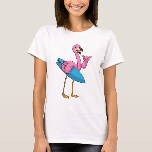 Camiseta Flamingo como surfista com surfboard (Frente)