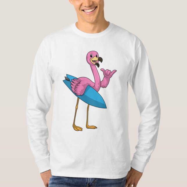 Camiseta Flamingo como surfista com surfboard (Frente)