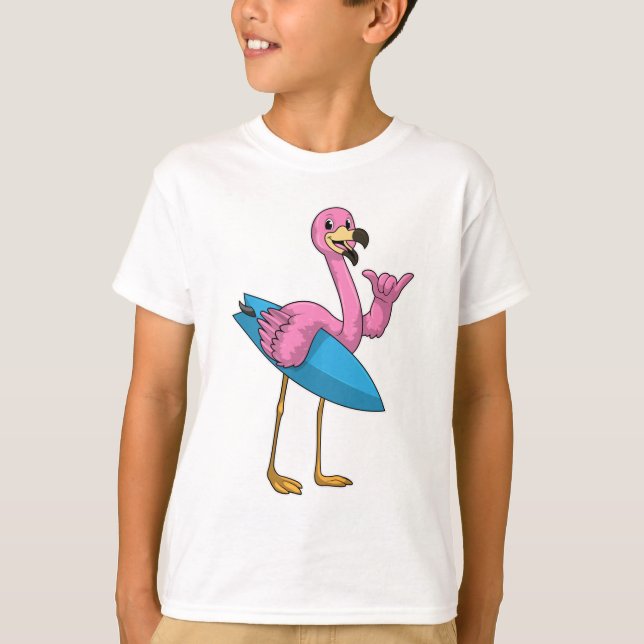 Camiseta Flamingo como surfista com surfboard (Frente)