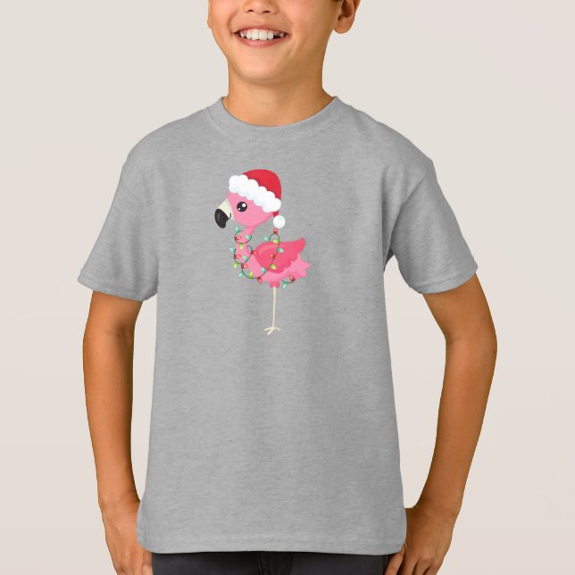 Camiseta Flamingo de Natal, Chapéu Santa, Luzes de Natal (Frente)