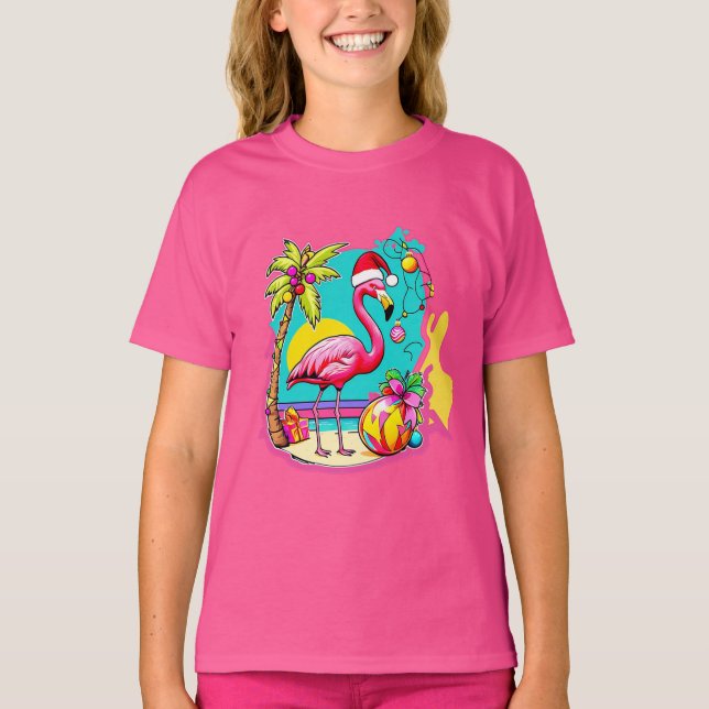 Camiseta Flamingo de Natal para Visto Festivo Dive (Frente)