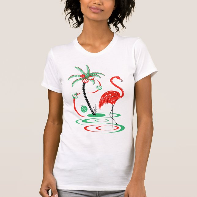 Camiseta Flamingo de Natal Vermelho" (Frente)