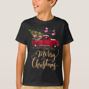 Camiseta Flamingo Dirigindo Árvore de Natal Caminhão Vermel
