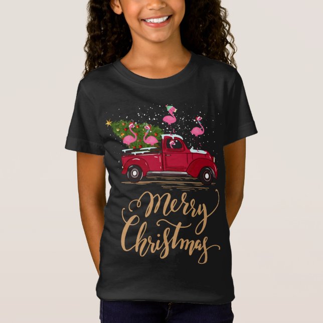 Camiseta Flamingo Dirigindo Árvore de Natal Caminhão Vermel (Frente)