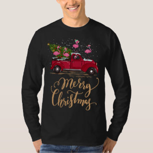 Camiseta Flamingo Dirigindo Árvore de Natal Caminhão Vermel