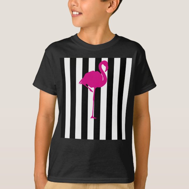 Camiseta Flamingo do rosa quente em listras preto e branco (Frente)