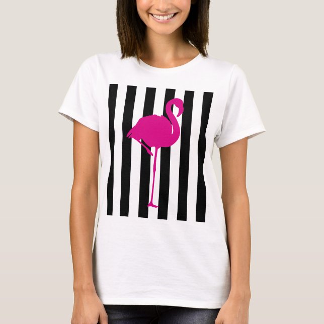 Camiseta Flamingo do rosa quente na listra preto e branco (Frente)
