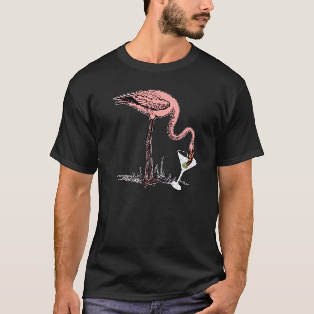 Camiseta Flamingo Drinking Martini Art Illustration Premium (Frente)