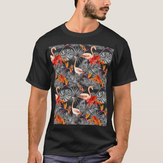 Camiseta Flamingo e flores, padrão monocromático. (Frente)