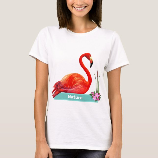 Camiseta Flamingo e Flores Rosa-Coral (Frente)