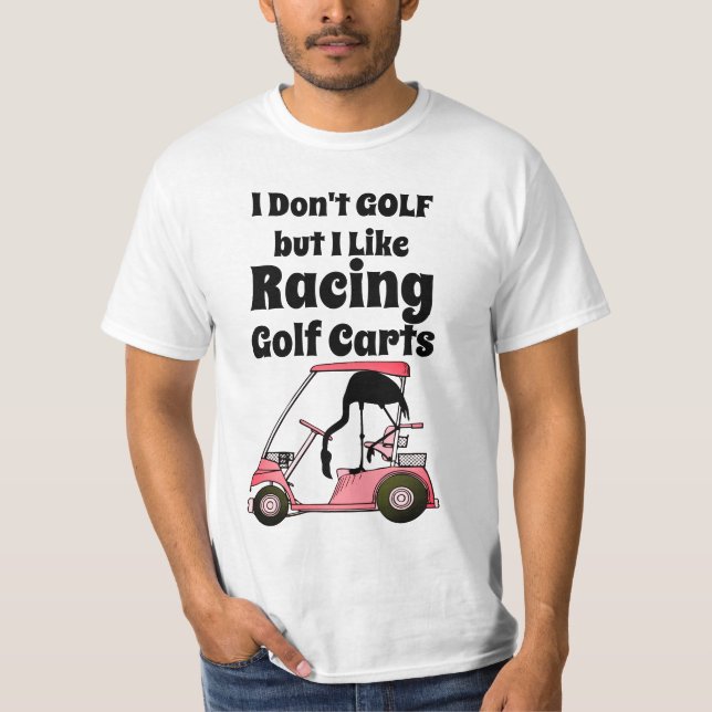 Camiseta Flamingo Engraçado Correndo de Carrinho de Golfe (Frente)