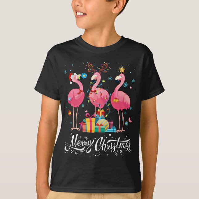 Camiseta Flamingo Engraçado Luz Santa Héater Árvore de Nata (Frente)