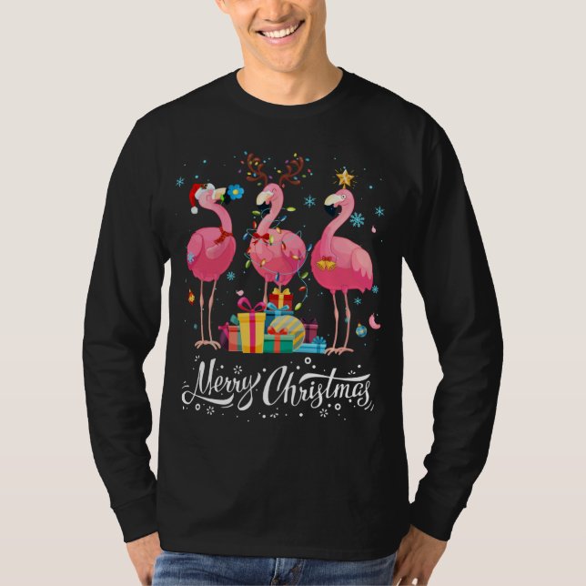Camiseta Flamingo Engraçado Luz Santa Héater Árvore de Nata (Frente)