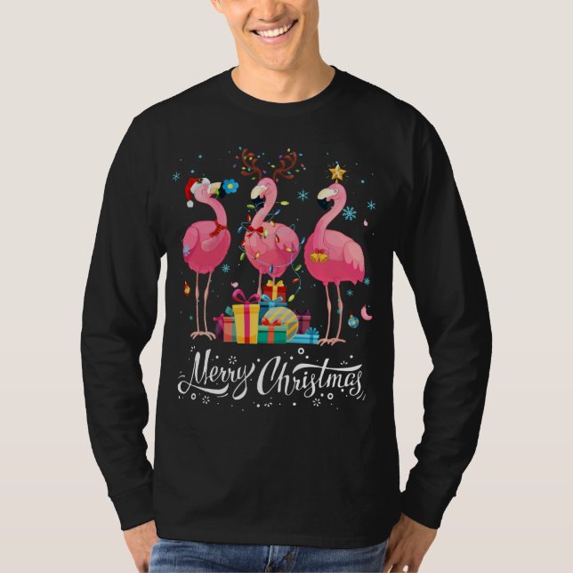 Camiseta Flamingo Engraçado Luz Santa Héater Árvore de Nata (Frente)
