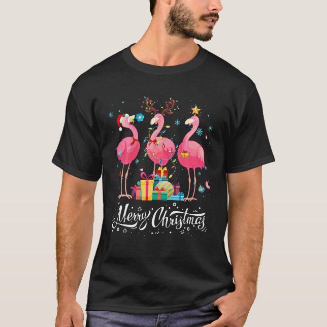 Camiseta Flamingo Engraçado Luz Santa Héater Árvore de Nata (Frente)